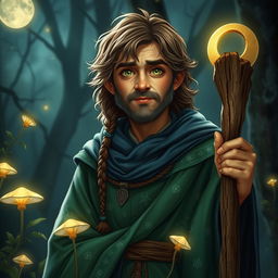 A middle-aged male halfling moon druid in a captivating fantasy environment
