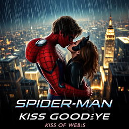 A cinematic movie poster for 'Spider-Man: Kiss Goodbye' with the subtitle 'Kiss Of Webs'