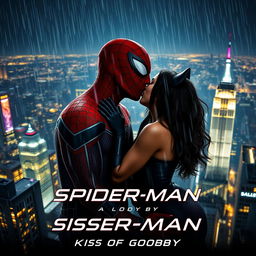 A cinematic movie poster for 'Spider-Man: Kiss Goodbye' with the subtitle 'Kiss Of Webs'