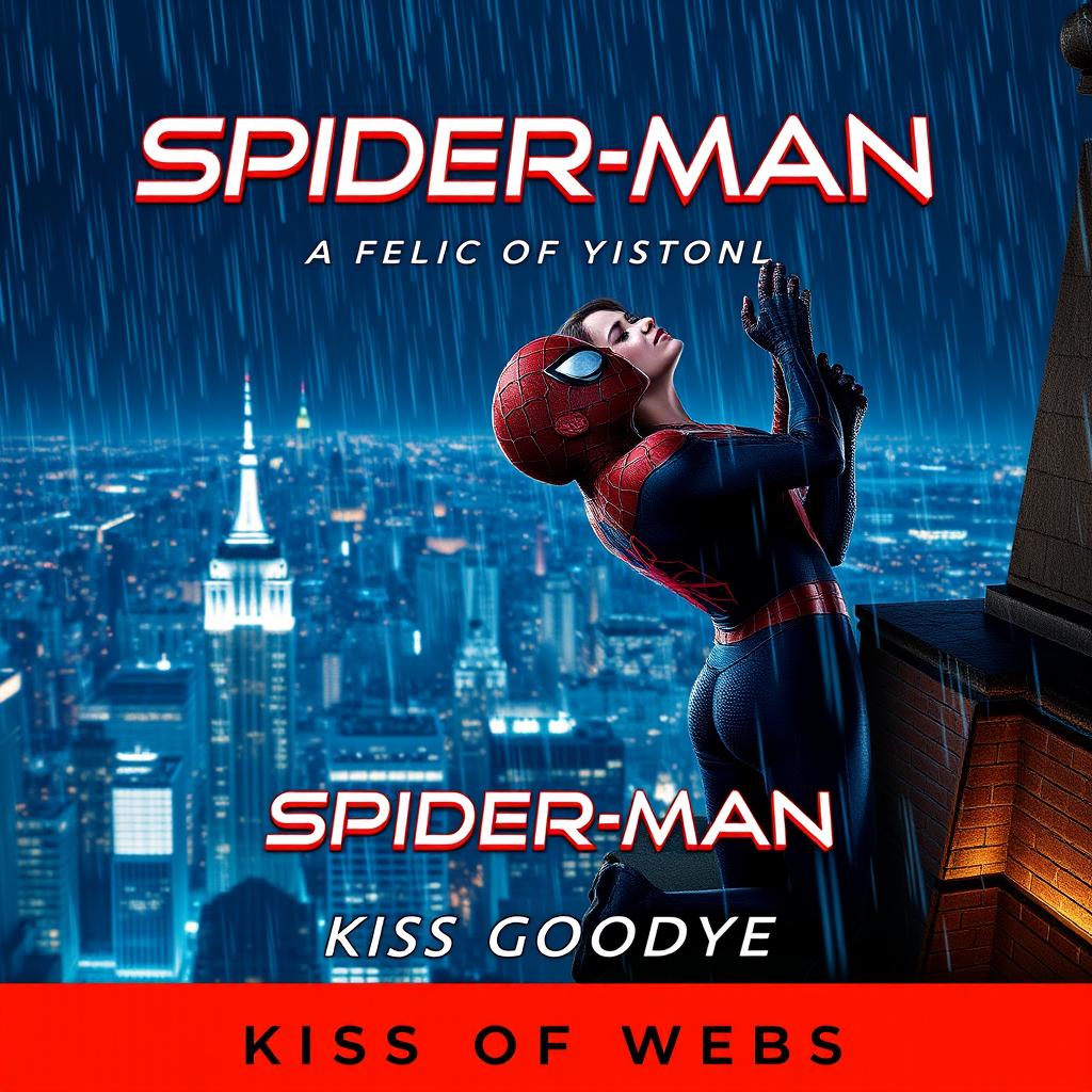 A cinematic movie poster for 'Spider-Man: Kiss Goodbye' with the subtitle 'Kiss Of Webs'