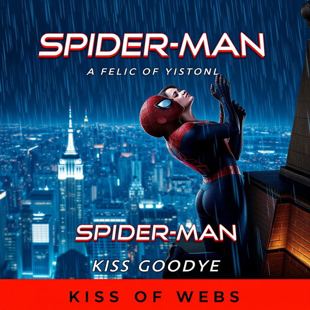 A cinematic movie poster for 'Spider-Man: Kiss Goodbye' with the subtitle 'Kiss Of Webs'