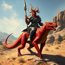 A red draconian in a sturdy iron breastplate and heavy iron boots, confidently holding a spear