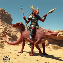 A red draconian in a sturdy iron breastplate and heavy iron boots, confidently holding a spear
