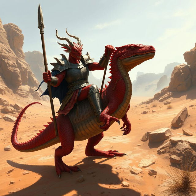 A red draconian in a sturdy iron breastplate and heavy iron boots, confidently holding a spear