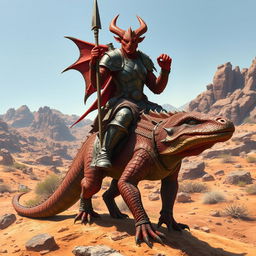 A red draconian in a sturdy iron breastplate and heavy iron boots, confidently holding a spear