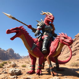 A red draconian clad in a robust iron breastplate and sturdy iron boots, holding a long spear with confidence