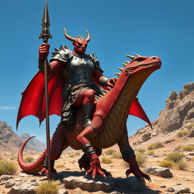 A red draconian clad in a robust iron breastplate and sturdy iron boots, holding a long spear with confidence