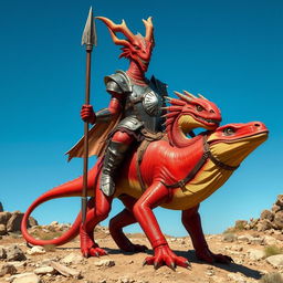 A red draconian clad in a robust iron breastplate and sturdy iron boots, holding a long spear with confidence