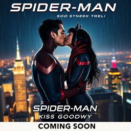 A cinematic movie poster for 'Spider-Man: Kiss Goodbye' with the subtitle 'Coming Soon'