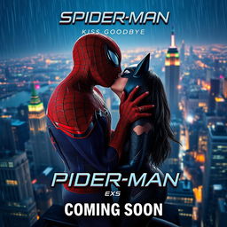 A cinematic movie poster for 'Spider-Man: Kiss Goodbye' with the subtitle 'Coming Soon'