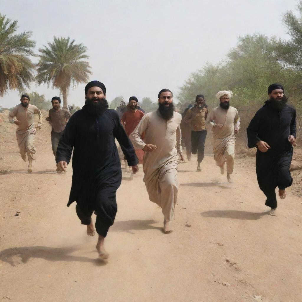 Generate an image of villagers running in panic as the mythical entity Al-Masih ad-Dajjal enters their village