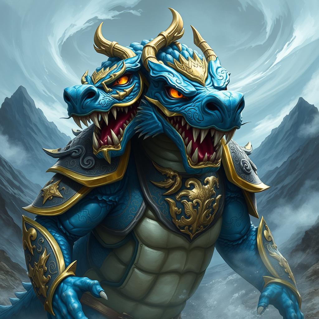 A fierce blue dragon warrior, adorned in gleaming armor that reflects a blend of traditional and futuristic styles