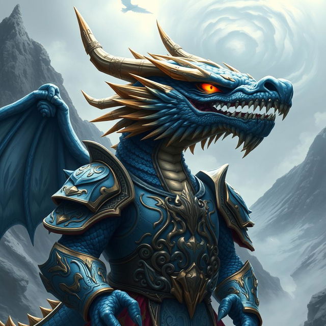 A fierce blue dragon warrior, adorned in gleaming armor that reflects a blend of traditional and futuristic styles