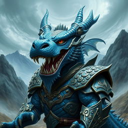 A fierce blue dragon warrior, adorned in gleaming armor that reflects a blend of traditional and futuristic styles