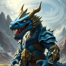 A fierce blue dragon warrior, adorned in gleaming armor that reflects a blend of traditional and futuristic styles