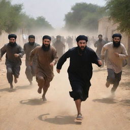 Generate an image of villagers running in panic as the mythical entity Al-Masih ad-Dajjal enters their village