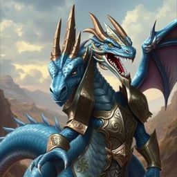 A blue dragon warrior with a massive jaw, clad in shining armor