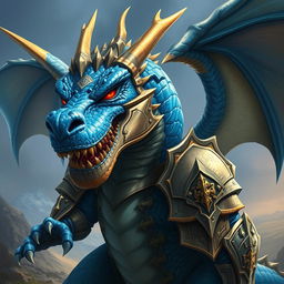 A blue dragon warrior with a massive jaw, clad in shining armor