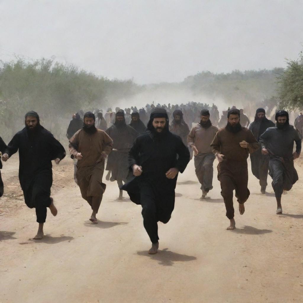 Generate an image of villagers running in panic as the mythical entity Al-Masih ad-Dajjal enters their village