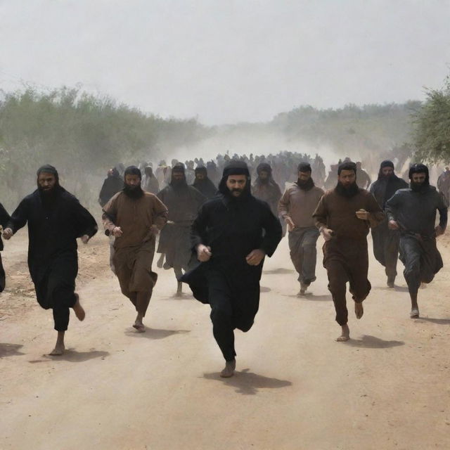 Generate an image of villagers running in panic as the mythical entity Al-Masih ad-Dajjal enters their village