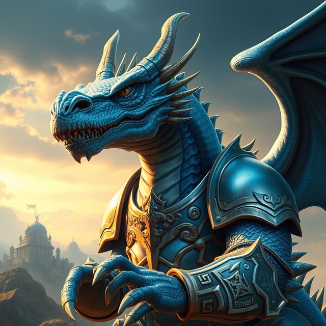 A blue dragon warrior with a massive jaw, clad in shining armor