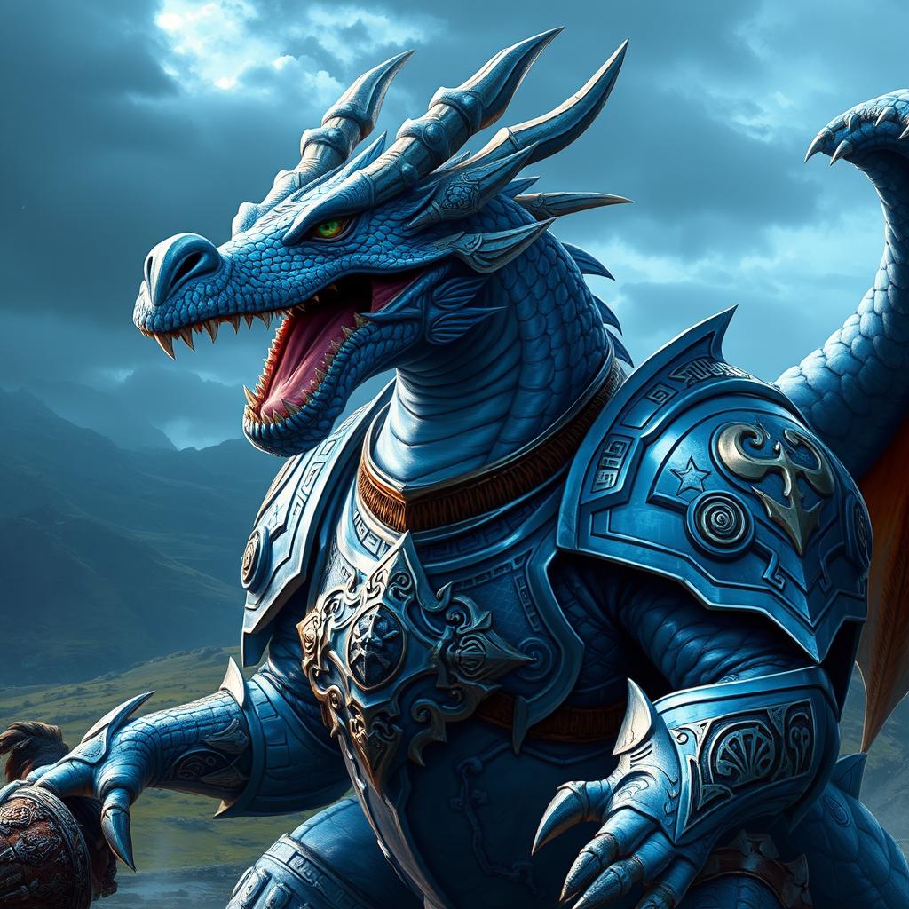 A blue dragon warrior with a massive jaw, clad in shining armor