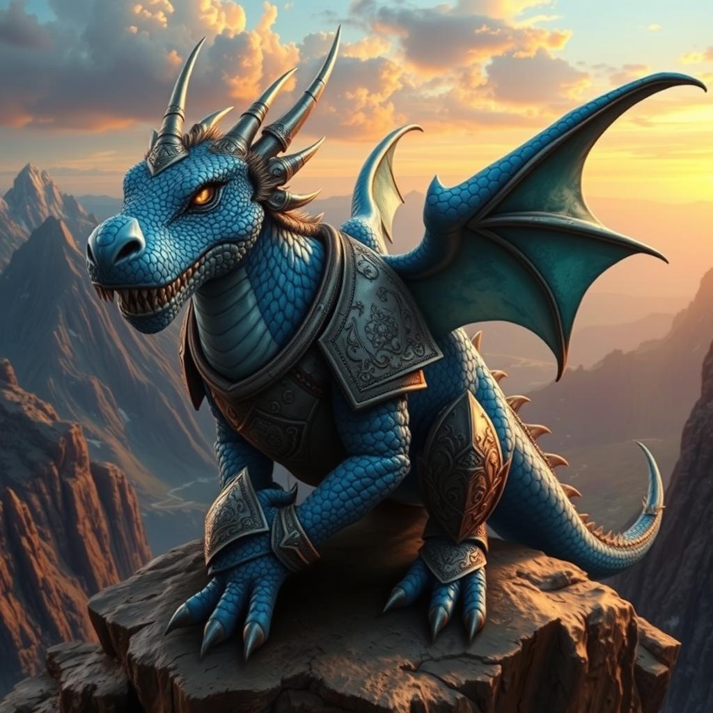 A blue dragon warrior featuring a large jaw, expertly clad in ornate warrior armor