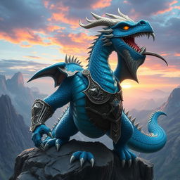 A blue dragon warrior featuring a large jaw, expertly clad in ornate warrior armor