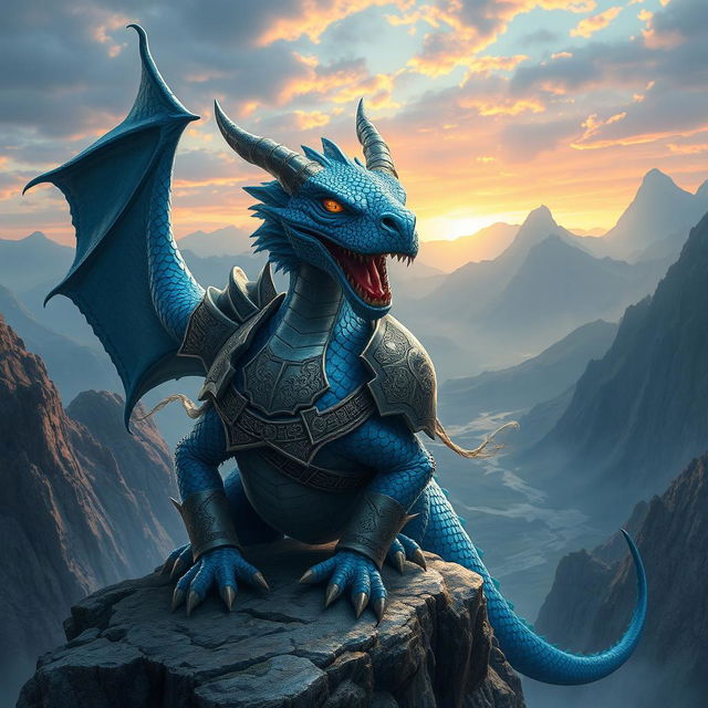 A blue dragon warrior featuring a large jaw, expertly clad in ornate warrior armor