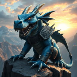 A blue dragon warrior featuring a large jaw, expertly clad in ornate warrior armor