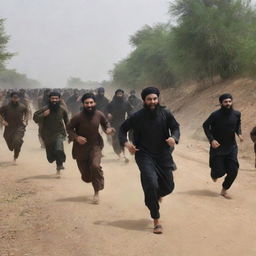 Generate an image of villagers running in panic as the mythical entity Al-Masih ad-Dajjal enters their village