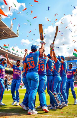 A vibrant, dynamic composition featuring the Indian cricket team celebrating a victory on the cricket field