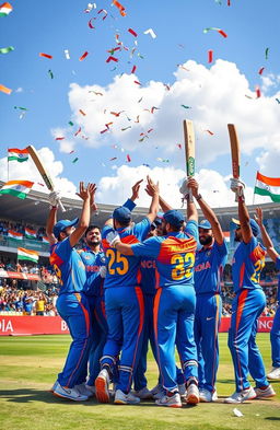 A vibrant, dynamic composition featuring the Indian cricket team celebrating a victory on the cricket field