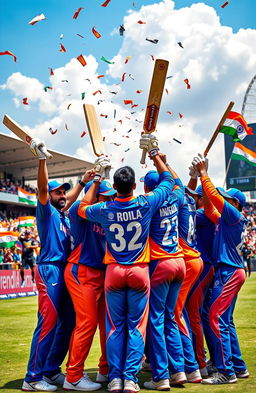 A vibrant, dynamic composition featuring the Indian cricket team celebrating a victory on the cricket field