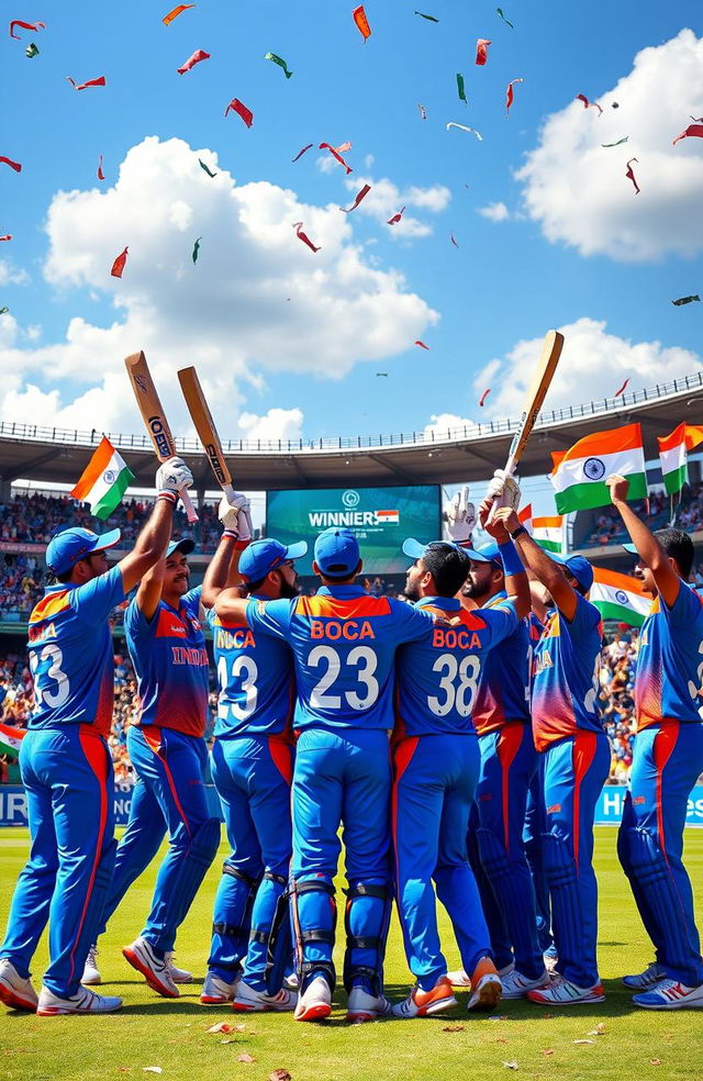 A vibrant, dynamic composition featuring the Indian cricket team celebrating a victory on the cricket field