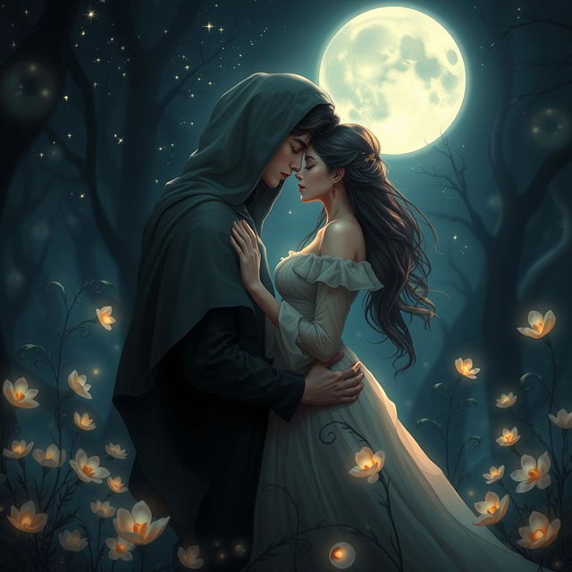 A romantic scene inspired by 'A Deal with Darkness' by Chamika Dismini, featuring a captivating couple against a backdrop of enchanting darkness