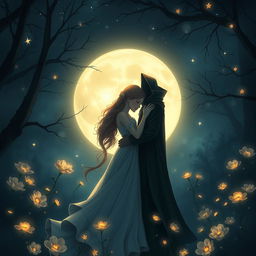 A romantic scene inspired by 'A Deal with Darkness' by Chamika Dismini, featuring a captivating couple against a backdrop of enchanting darkness