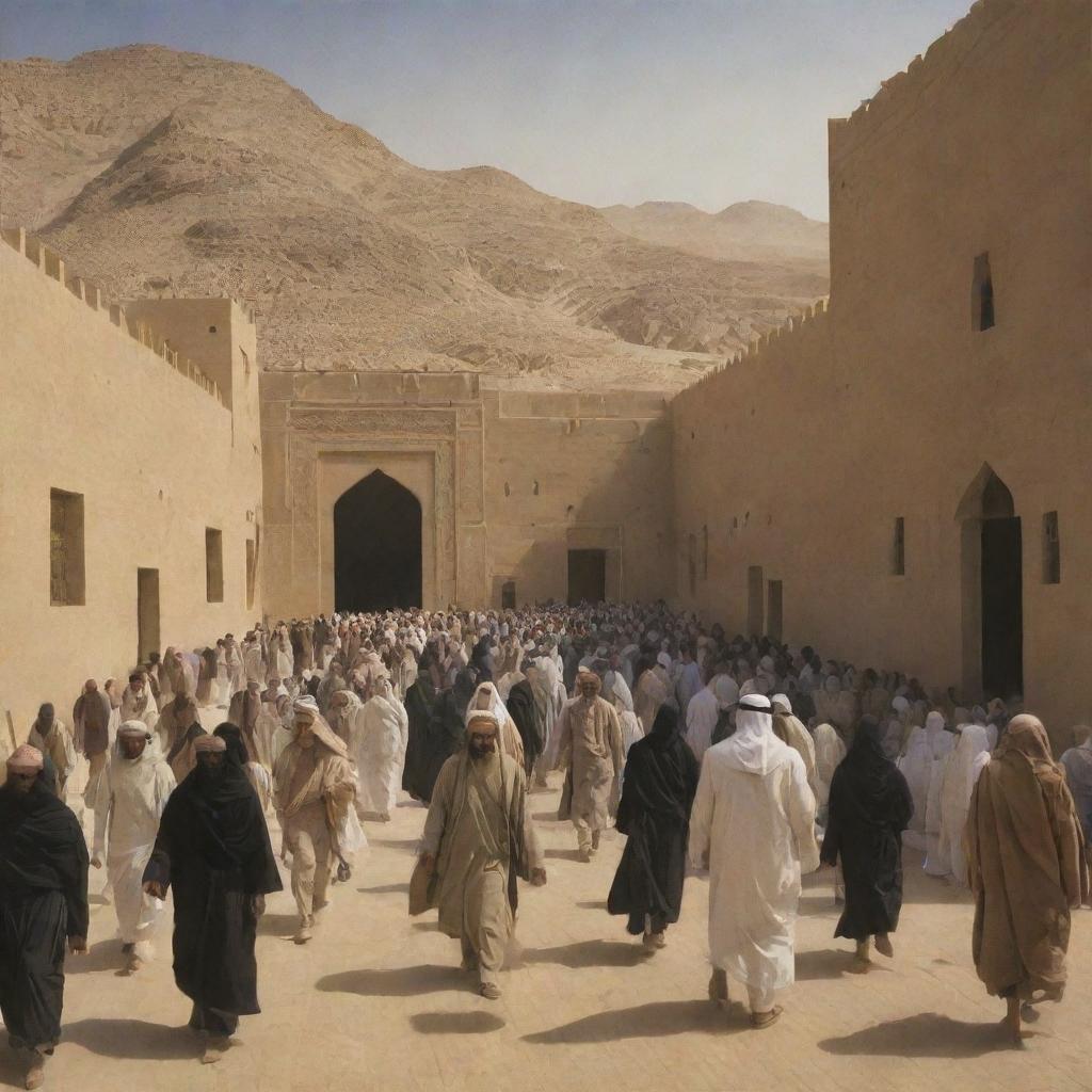 Depict a scene of villagers, escaped from the mythical entity Al-Masih ad-Dajjal, arriving at the sanctuary of Madinah