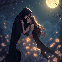 A romantic scene inspired by 'A Deal with Darkness' by Chamika Dismini, featuring a captivating couple against a backdrop of enchanting darkness