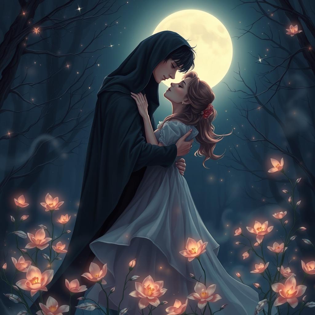 A romantic scene inspired by 'A Deal with Darkness' by Chamika Dismini, featuring a captivating couple against a backdrop of enchanting darkness