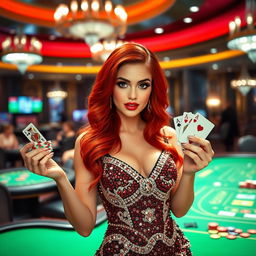 A glamorous casino girl with vibrant red hair dressed in a beautifully detailed glittering dress adorned with sparkling rhinestones, holding a stack of colorful poker chips in one hand and a playing card in the other