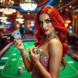 A glamorous casino girl with vibrant red hair dressed in a beautifully detailed glittering dress adorned with sparkling rhinestones, holding a stack of colorful poker chips in one hand and a playing card in the other