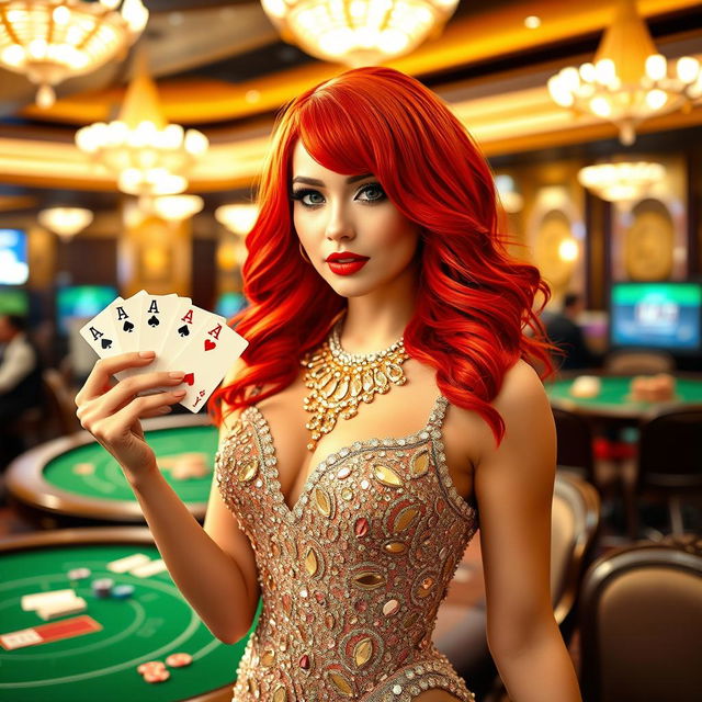 A glamorous casino girl with vibrant red hair dressed in a beautifully detailed glittering dress adorned with sparkling rhinestones, holding a stack of colorful poker chips in one hand and a playing card in the other