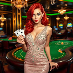 A glamorous casino girl with vibrant red hair dressed in a beautifully detailed glittering dress adorned with sparkling rhinestones, holding a stack of colorful poker chips in one hand and a playing card in the other