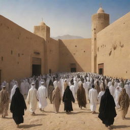 Depict a scene of villagers, escaped from the mythical entity Al-Masih ad-Dajjal, arriving at the sanctuary of Madinah