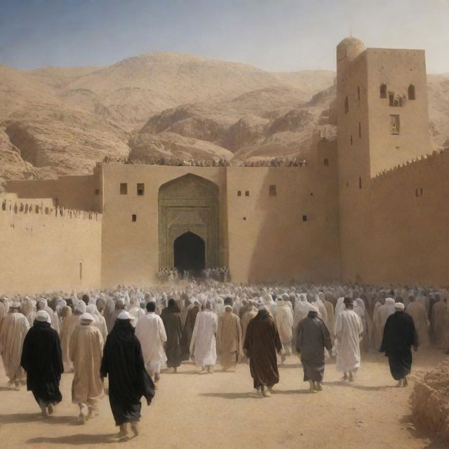 Depict a scene of villagers, escaped from the mythical entity Al-Masih ad-Dajjal, arriving at the sanctuary of Madinah