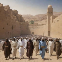 Depict a scene of villagers, escaped from the mythical entity Al-Masih ad-Dajjal, arriving at the sanctuary of Madinah