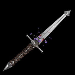 A complete silver sword viewed from above, featuring a hilt intricately formed by thorn fretwork