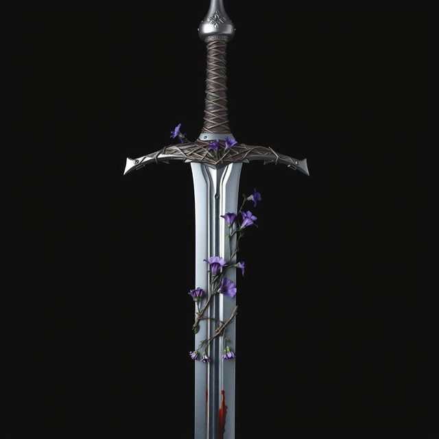 A complete silver sword viewed from above, featuring a hilt intricately designed with thorn fretwork