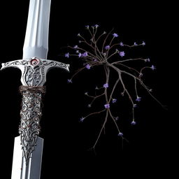 A complete silver sword viewed from above, featuring a hilt intricately designed with thorn fretwork
